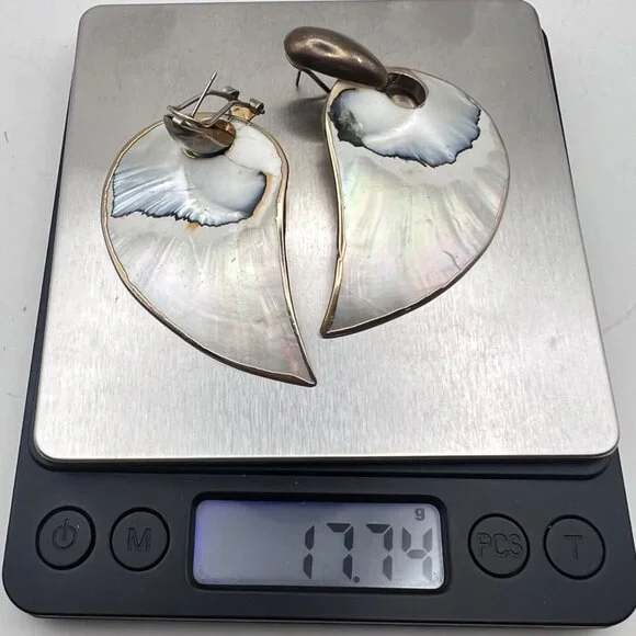 Mother Of Pearl Reversible Omega Back Earrings Abalone Gold Tone Statement Vtg - Picture 6 of 8